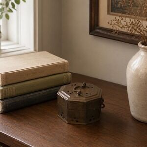 Vintage Brass Trinket Box Octagonal Lidded Keepsake Box Pierced Decorative 1970s